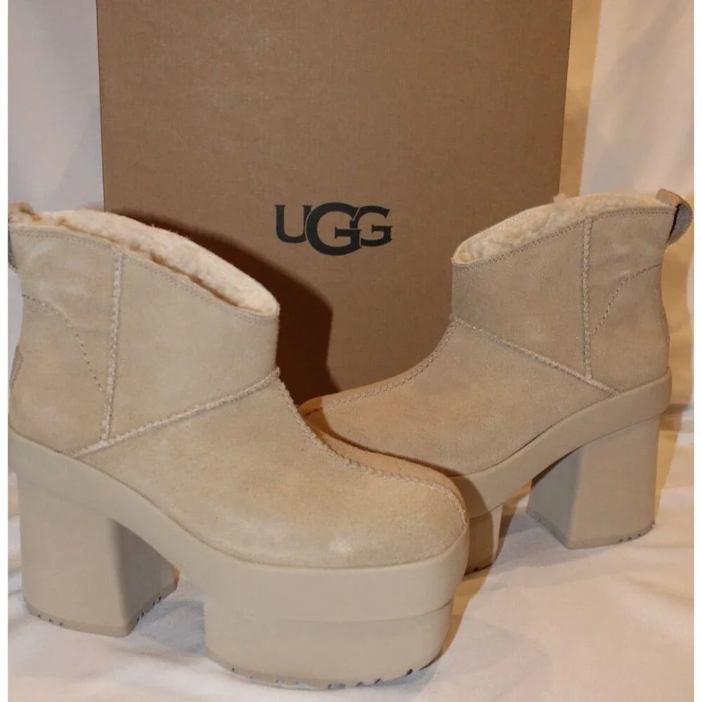 UGG NEW‎ HEIGHTS PLATFORM MINI SUEDE WOMEN'S BOOTS NIB MSD TAN